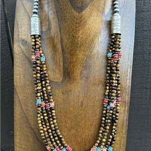 Sterling Silver Multi Strand Stone Tigers Eye Pearls Bead Necklace 24 Inch RD